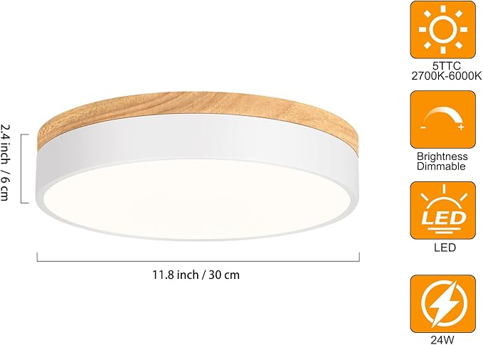 Dimmable Wood LED Flush Mount Ceiling Light, 5CCT 2700K-6000K Modern Round Close to Ceiling Lighting Fixtures, Minimalist White Ceiling Lamp for Bedroom, Kitchen, Hallway, Laundry Room