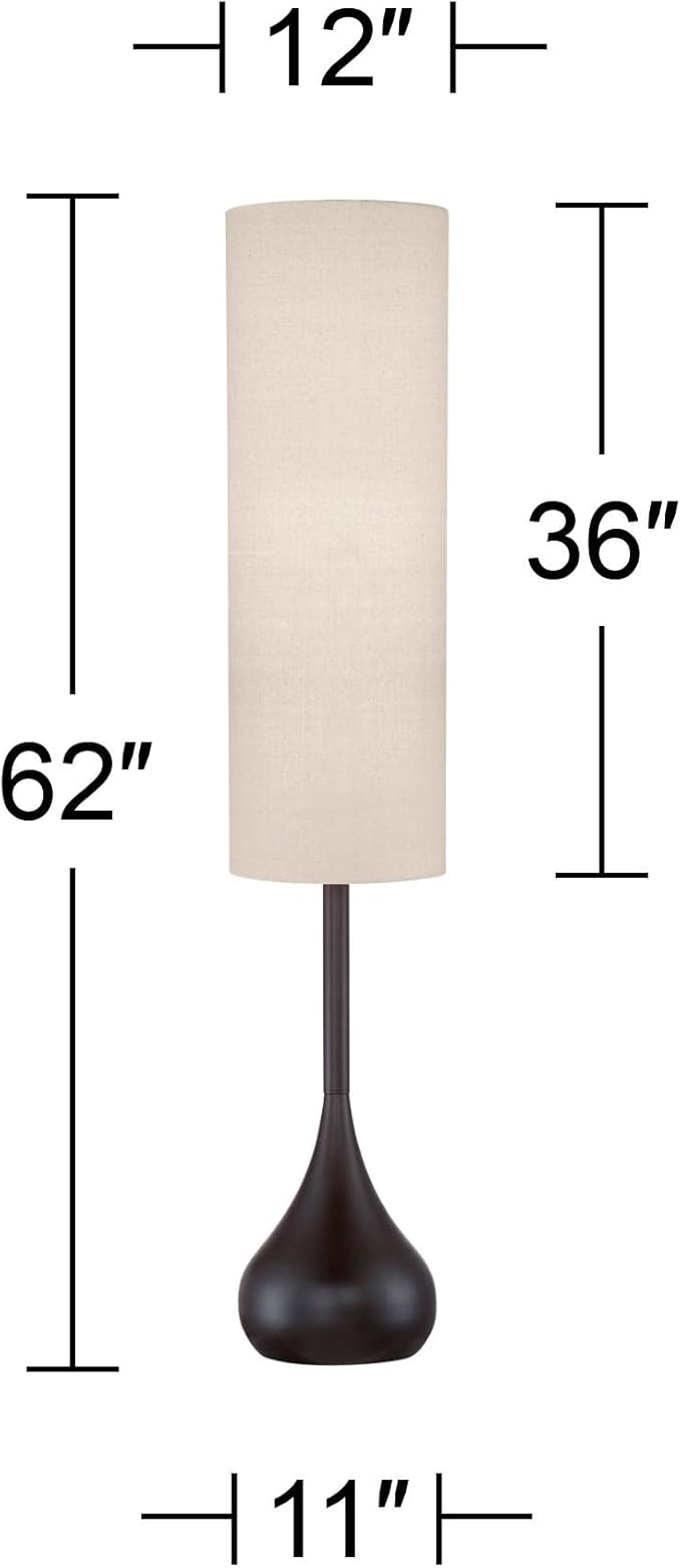 Possini Euro Design Mid Century Modern Retro Floor Lamp Standing 62" Tall Dark Bronze Metal Droplet Off-White Cotton Cylinder Shade Decor for Living Room Reading House Bedroom Home