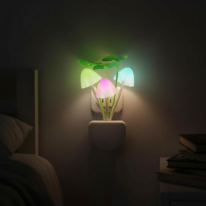 Mudder 4 Pcs Sensor Mushroom Night Lights LED Night Lights 7 Color Changing Plug-in Light Sensor Wall Lamp for Adults Bedroom, Bathroom, Christmas Party Gift(Lotus Leaf Style)