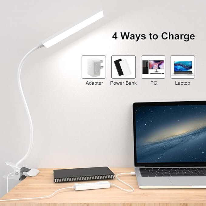 RAOYI LED Desk Lamp, 5W USB Clip on Light Eye-Caring Reading Clamp Table Lamp with 48 LEDs Flexible Neck, 3 Color Modes and 14 Brightness Levels for Office Bedroom Study (White)