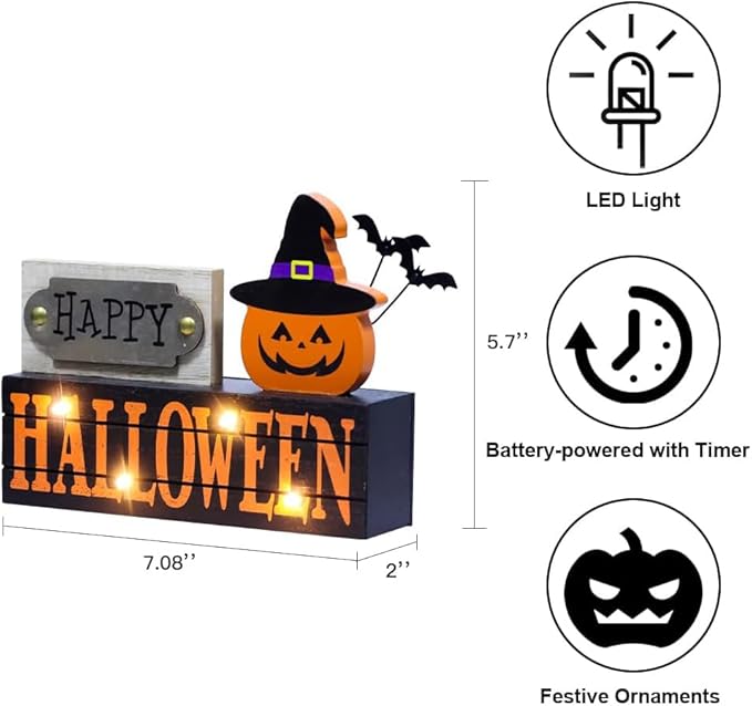DECSPAS Halloween Decorations Indoor, Large Size 2-Layered Wood Block with LEDs and Pumpkin Face, Happy Halloween Sign Decorations for Home, Tabletop Gothic Decor for Party Shelf, Table, Mantel