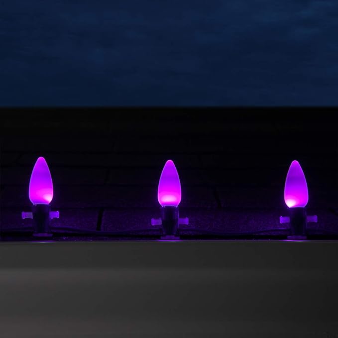 Wintergreen Lighting OptiCore Commercial Outdoor C9 LED Halloween Lights – 25 Lights, 25 ft Purple Smooth/Opaque String, 18 Gauge, SPT1, Spare Fuse