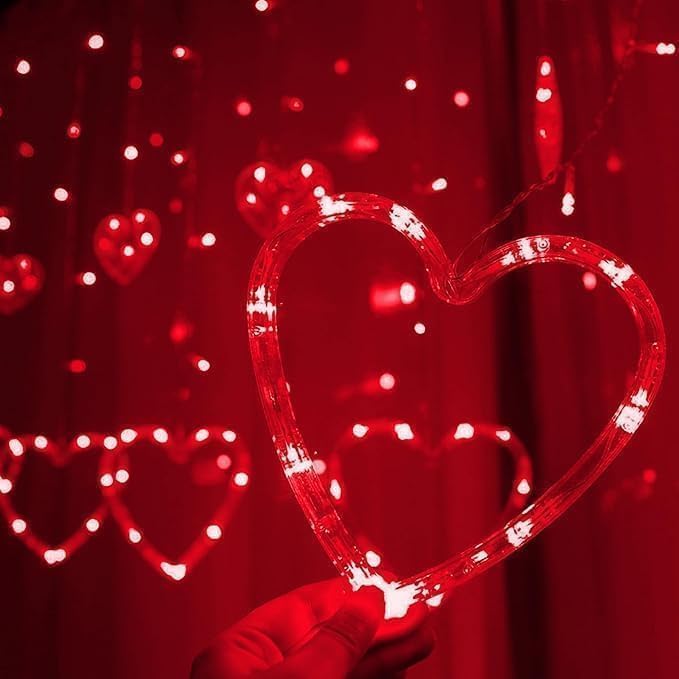 Dazzle Bright Valentines Day Lights, 138LED 9FT 12Heart Curtain String Lights with 8 Modes, Plug in Galentines Decorations for Indoor Window Outdoor Wedding Party Decor (Red)