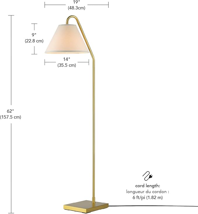 Globe Electric 62" Floor Lamp, Matte Brass Finish, Beige Fabric Shade, On/Off Rotary Switch, 6-Ft Clear Cord, Cozy Glam Style, E26 Base, 61000147