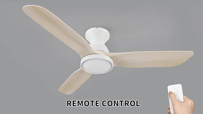 SMAAIR 52 Inch Ceiling Fans with Lights and Remote, Solid Wood White Modern Ceiling Fan with Lights, Flush Mount, Quiet DC Motor, 10 Speed, Indoor 3 Blade Ceiling Fan for Indoor Bedroom Living Room