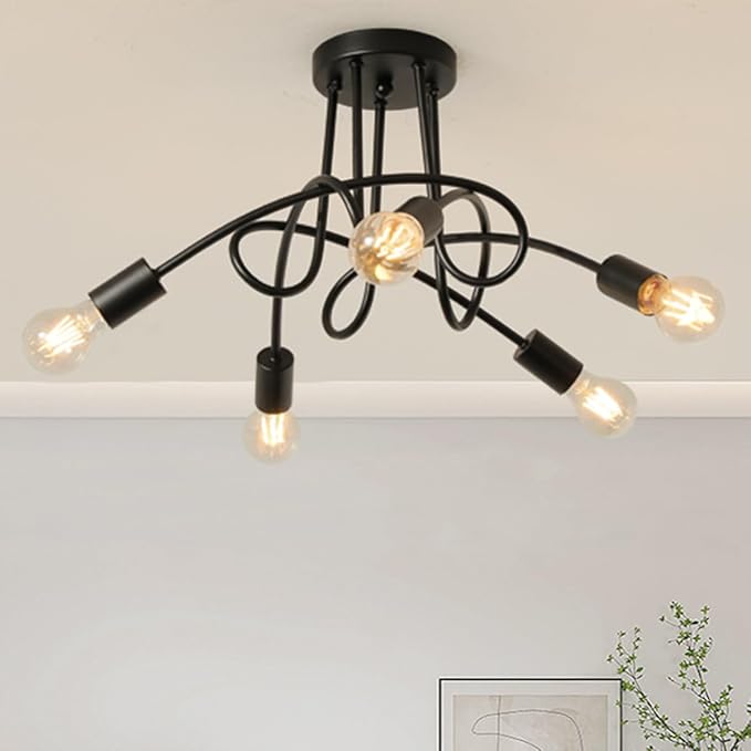 Modern Farmhouse Chandelier,25 Inch Black Metal Spiral Rustic Vintage Semi Flush Mounted Ceiling Light Fixture for Dining Room Bedroom Kitchen Island Hallway Foyer Entryway(5-Light)
