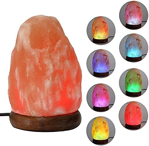 Himalayan Salt Lamp with USB Power, Natural Shape, Color-Changing LED and Warm White Light, Wooden Base Night Light (Pink, Natural, Change Color)