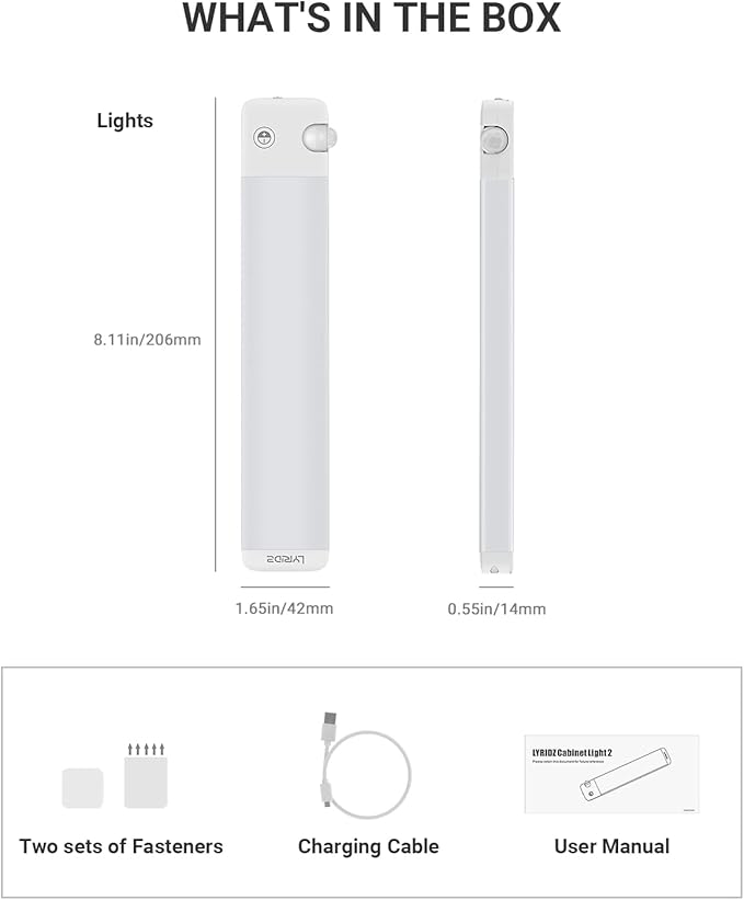 Lyridz Rechargeable Under Cabinet Lights with 90 Degree Adjustable Motion Sensor, 1500mAh Wireless LED Closet Lights, 1-120LM Stepless Dimmable Night Light for Kitchen and Wardrobe, 2-Pack