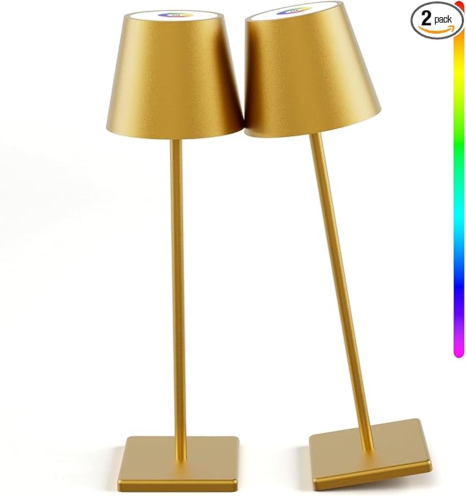 2-Pack LED Cordless Table Lamp with RGB & Stepless Dimming, 3W 5000mAh Rechargeable Desk Lamps Battery Operated Table Light Stepless Dimmable Portable Table Lamp for Table/Bedroom/Outdoor (Gold)