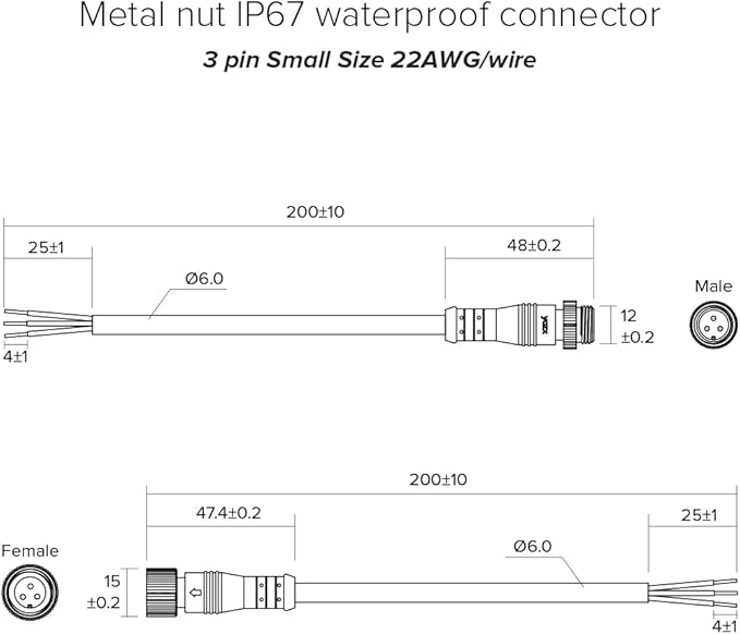 BTF-LIGHTING 3 Pin Electrical Metal nut Connector 18AWG IP68 Male Female Connector 7.87in/20cm Extension Cable for Car,Truck,Boat,Indoor/Outdoor LED Strip Lights/String 15mm Metal Nut Small Size