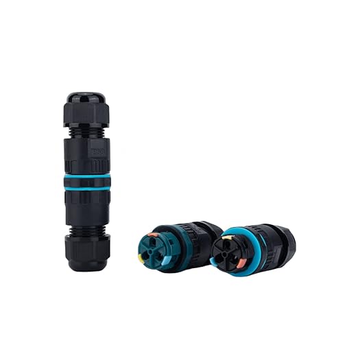 M20-3pin IP68 Waterproof Wire Connectors,Black Weathertight Electrical Connector for Outdoor Junction Box, Low Voltage 3 Wire Waterproof Splice Kit, Extension Cord Connector（ 4PCS ）