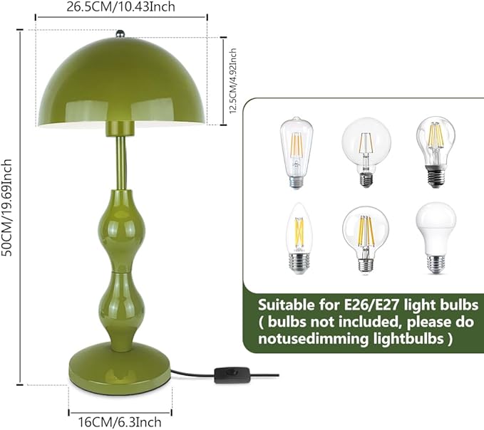 Mushroom Lamp Green,Tall Bedside Table Lamp for Living Room Kids Room Bedroom Nightstand,Flowerpot Desk Light with Button Switch, Requires E26 Bulb(not included),Iron Lampshade,Home Office Decor