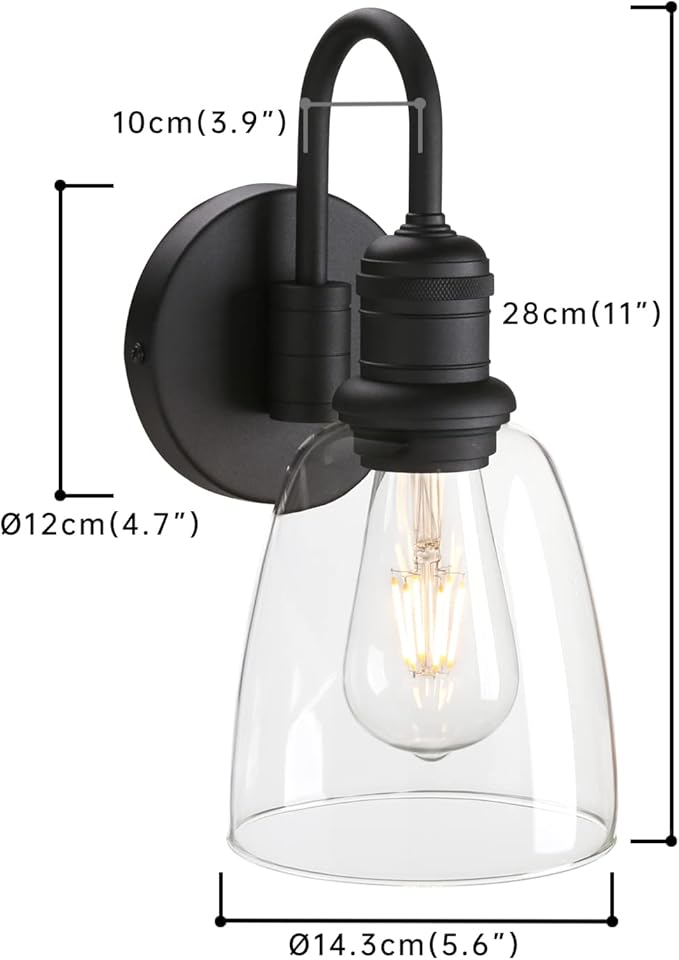 1-Light Vintage Gooseneck Wall Sconce Lamp with Cloche Clear Glass Shade, Industrial Indoor Wall Light Fixture for Bathroom Living Room Bedroom Over Kitchen Sink