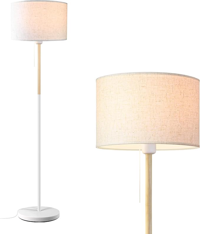 Bedroom Floor Lamp Farmhouse Floor Lamps for Living Room Mid-Century Pole Lamp Linen Lamp Shade, Standing Tall Lamps for Bedrooms and Office (White)