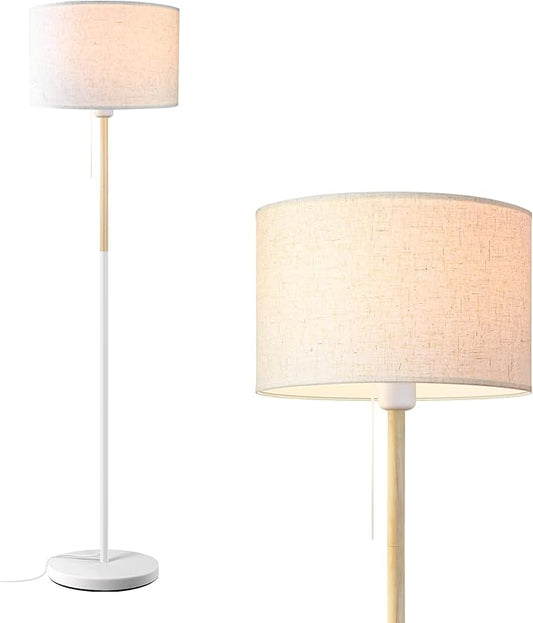 Bedroom Floor Lamp Farmhouse Floor Lamps for Living Room Mid-Century Pole Lamp Linen Lamp Shade, Standing Tall Lamps for Bedrooms and Office (White)