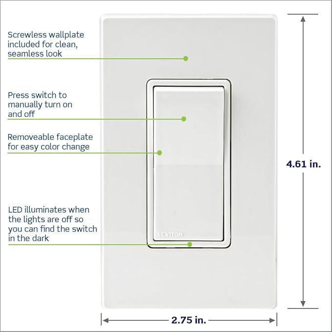 Leviton Decora Smart Switch, Wi-Fi 2nd Gen, Neutral Wire Required, Works with Matter, My Leviton, Alexa, Google Assistant, Apple Home/Siri & Wired or Wire-Free 3-Way, D215S-1RW, White