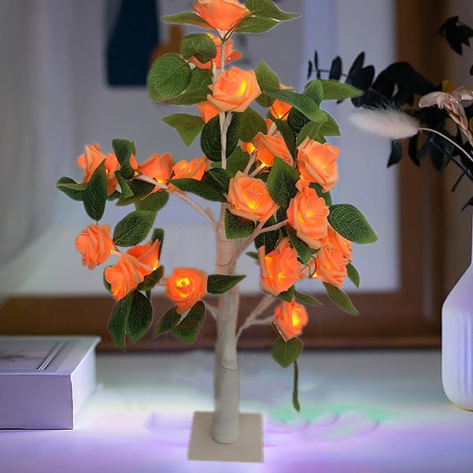 Rose Flower Tree Light for Tabletop,Mini Light up Tree Bonsai Tree with Orange Rose Flower, Decorative Tree Lamp for Fireplace Bedroom Home Party Wedding Christmas(Orange 21.6Inch)