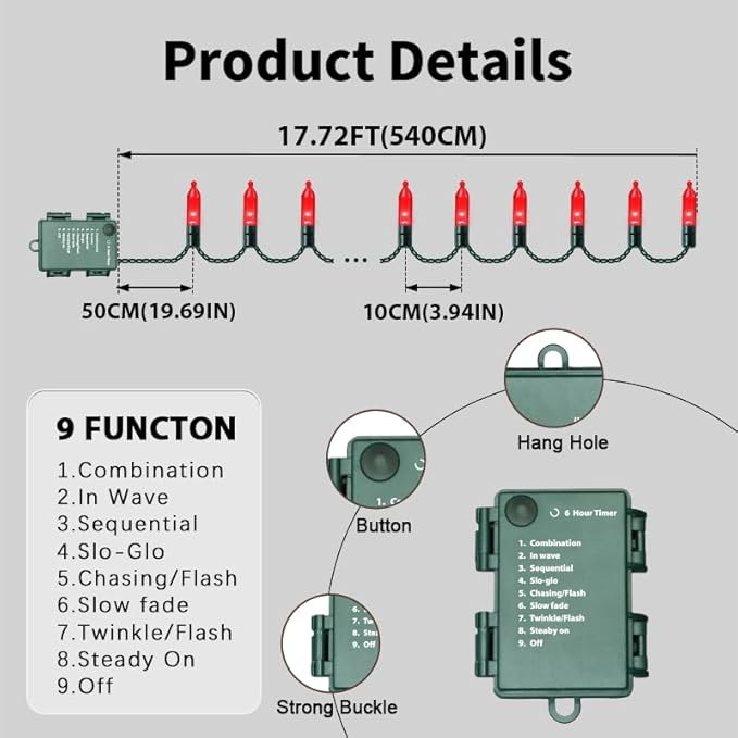 LAMPHOME 50 LED Red Valentine Lights,Christmas Lights 16 FT Mini String Light with 9 Modes & 6 Hour Timer, Battery Operated for Indoor Outdoor Patio Garden Party Tree Valentine's Day Decoration