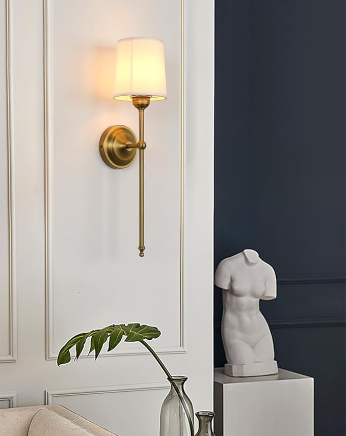 Antique Finish Sconce Wall Lighting Fixture with White Fabric Shade, E26 Hardwired Indoor 1-Light Wall Mounted Lamp for Living Room Bedside Nightstand Light Vanity Bathroom