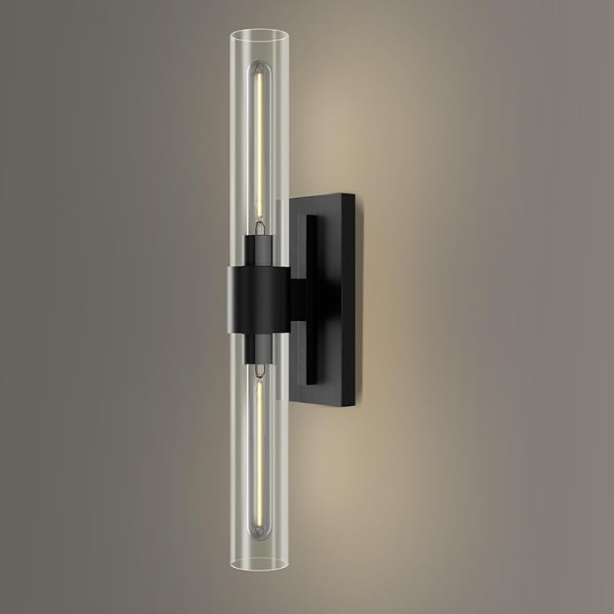 YUYI Black Wall Sconce, 22.8'' Wall Light for Bathroom Vanity, Modern Wall Lighting Fixture with Clear Glass Shade, Indoor Wall Sconce for Bathroom Vanity, Bedroom, Living Room, Hallway, Fireplace