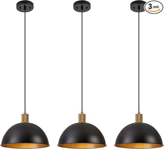 12 Inch Black Dome Pendant Lights 3 Pack for Kitchen Island, Height Adjustable Farmhouse Industrial Hanging Light Fixtures Over Table for Dining Room, Entryway