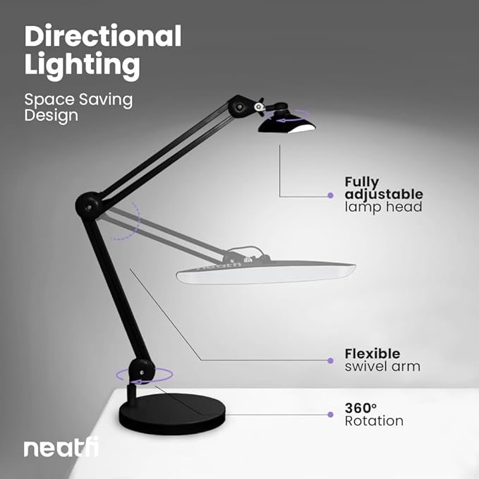 Neatfi XL LED Desk Lamp with Base, 2200 Lumens, 24W, 20-Inch Wide Head, Dimmable 4 Brightness Levels, Task Light for Home Office, Crafts, Workbench (Non-CCT, Black)