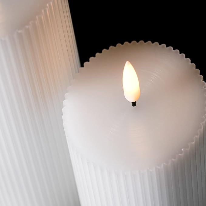 White Ribbed Flameless Pillar Candles with Remote, Flickering LED Wax Candles Battery Operated Set of 2