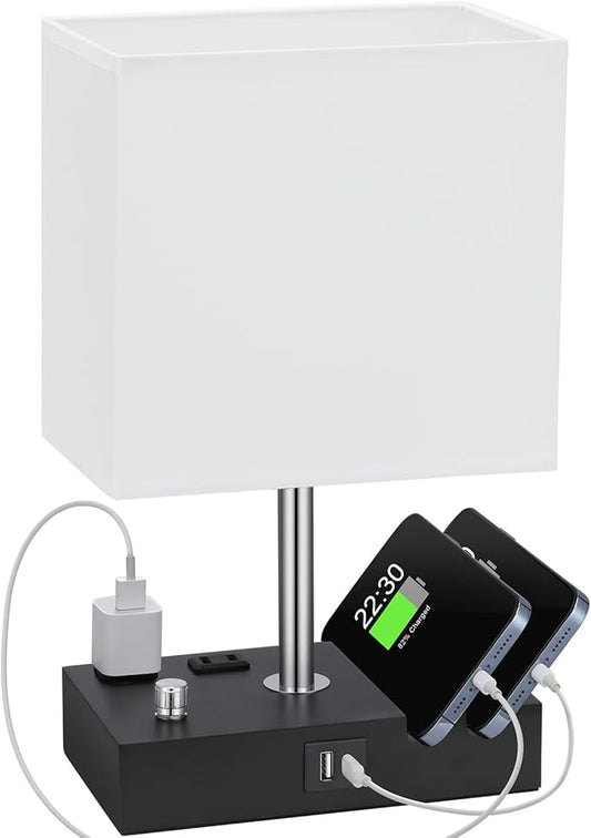 Kakanuo Table Lamp for Bedroom with Dual USB Ports, White Fully Dimmable Bedside Lamp with Phone Stands and 2 Charging Outlets, Desk Lamp for Nightstand and Living Room, LED Bulb Included