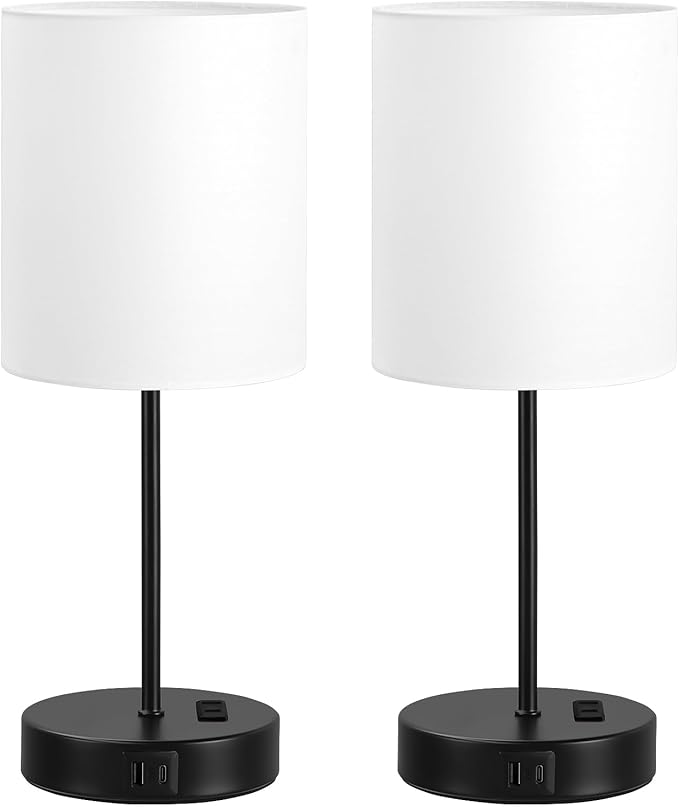White and Black Lamps for Nightstand Set of 2 - Bedside Table Lamp for Bedroom with Dual USB Ports & AC Outlet, 3-Way Dimmable Lamps for Living Room Boys Room, Night Light with 5000K Daylight Bulbs