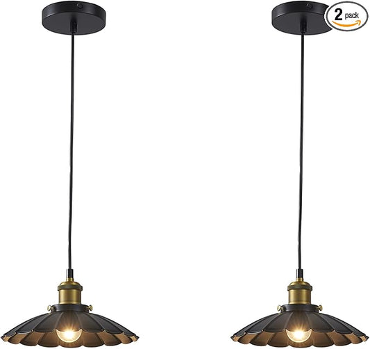 2Pack Black Pendant Light, 9.8 Inch Retro Hanging Lamp for Bedroom, Glossy Hanging Kitchen Lights Living Room 6.5Ft Height Adjustable Indoor Pleated Pendant Light