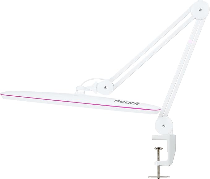 Neatfi XL LED Desk Lamp with Clamp – 2,200 Lumens, 23” Wide, Dimmable Task Light for Office, Study, Crafting & Nail Techs (Non-CCT with Clamp, White with Pink Ring)