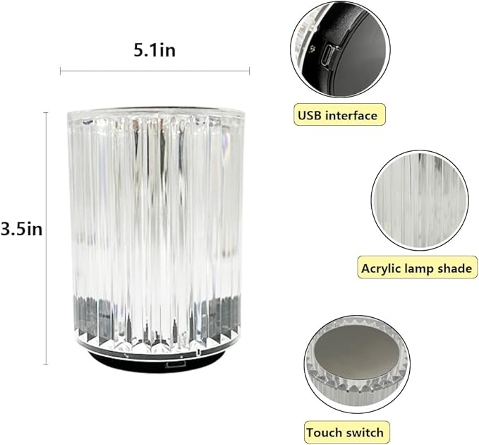 Portable Crystal Table Lamp,3 Color Touch Control Rechargeable Lamp,3-Levels Brightness Room Decor Desk Lamp (16 Color)