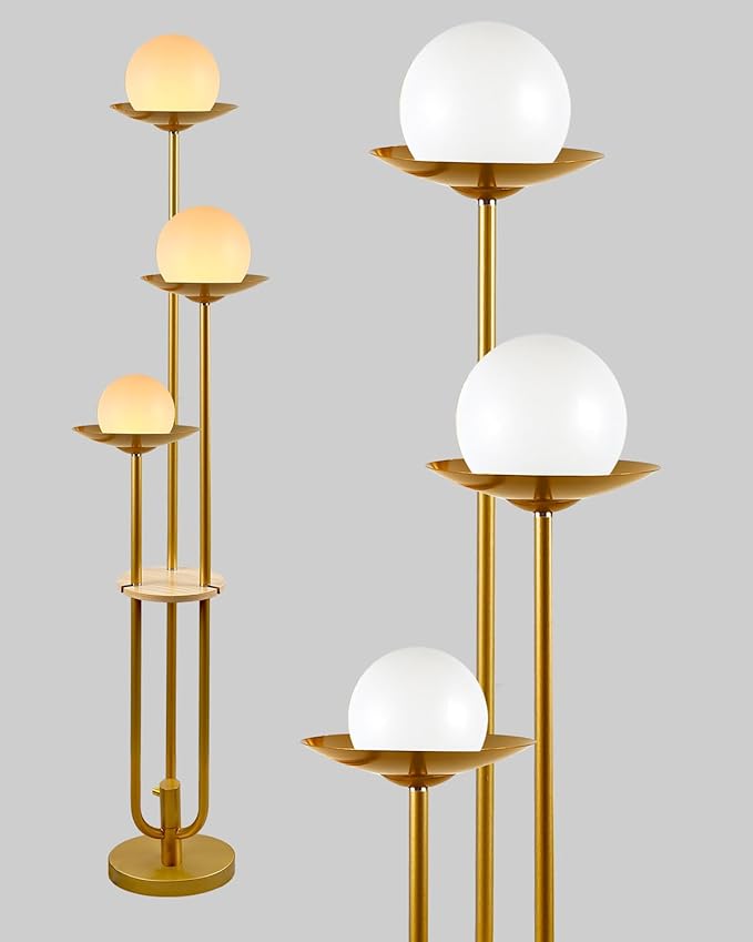 Lightdot 63IN Globe Floor Lamp with Shelf 3-Lights Modern Gold Dimmable Floor Lamps with Bulbs Included for Wedding/Party, Tall Standing Lamp for Living Room/Bedroom/Sofa Beside/Corner Decor