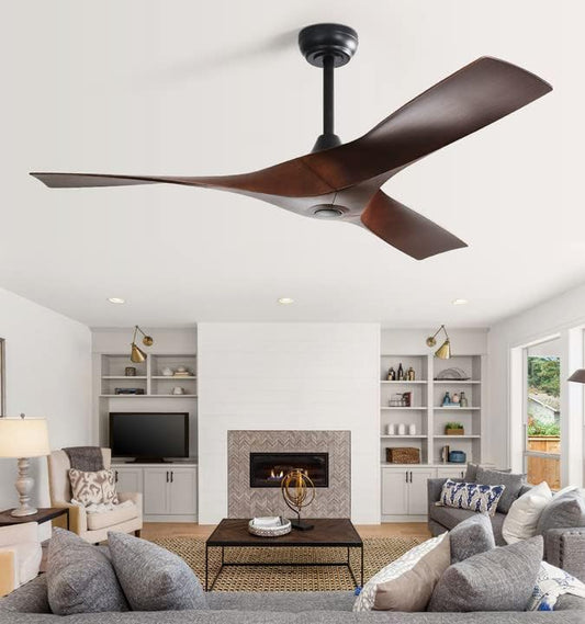 52" Ceiling Fan No Lights with Remote Control,Reversible DC Motor, 3 Walnut Wood blade Ceiling Fans without Lights for Patios Living Room,Matte Black