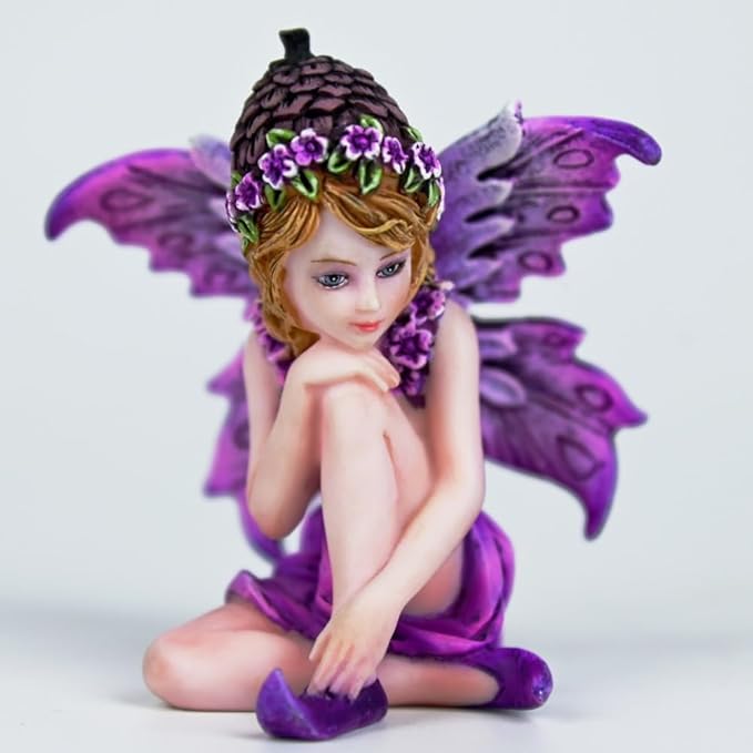 Fantasy Pinecone Hat Purple Flower Fairy Figurine, 8cm Purple Wings Elf Statue, Hand-Painted Resin Decor for Mini Fairy Garden, Desk & Plant Pot