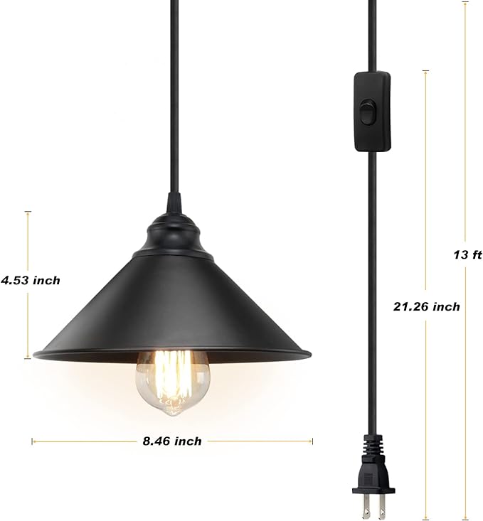 Plug in Pendant Light, Industrial Hanging Light with Plugin Cord On/Off Switch, Farmhouse Pendant Lights with Plug-in Cord, Vintage PendantLight Fixture, Hanging Lamps
