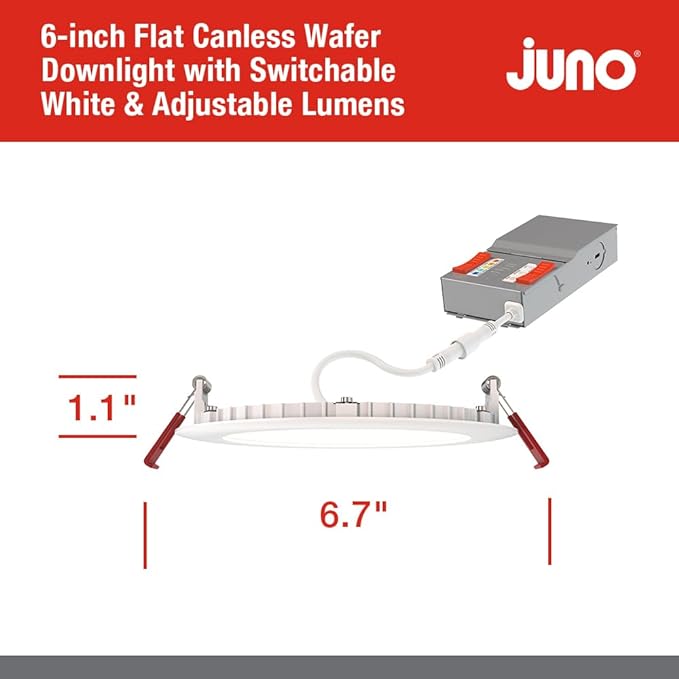 Juno LED Recessed Lights 6 Inch Round Baffle Wafer Downlight, 5-in-1 Switchable White Color Temperature, Adjustable Brightness, 120 Volts, 6-Inch Flat Trim, 1 Pack, Matte White