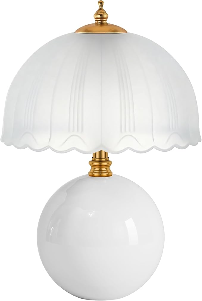 PARTPHONER Mushroom Table Lamp, Ceramic Bedside Lamp with Glass Shade, 3-Way Lighting (2700K-5000K) Rocker Switch, Small Nightstand Lamp for Bedroom, Living Room, Office, White
