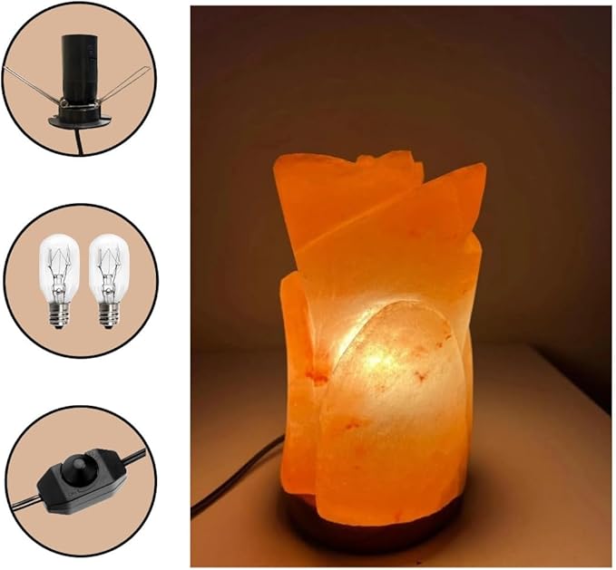HL Himalayan Pink Salt Flower Shape lamp Wooden Base with dimmer Switch and a Pair of 15W Bulbs. Unique Gift Idea