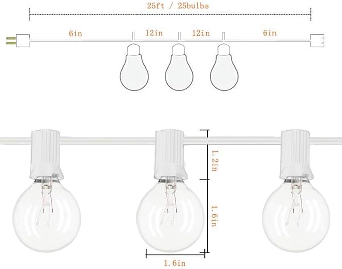 Abeja Outdoor Frosted String Lights G40-25Ft with 27 Clear Bulbs, UL Listed for Patio Garden Umbrella Bars Balcony Party Decor Indoor, E12 Base, 5W, White