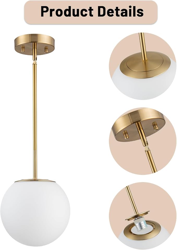 Mid Century Modern Pendant Lighting Gold Globe Pendant Light Fixture,1-Light White Glass Shade Brushed Brass Finished Hanging Light Fixture for Kitchen Island