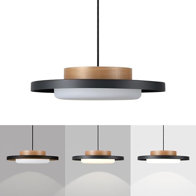 Dimmable Pendant Lights,15 inch,Real Wood Cap,3000K/Warm White/22W,LED Pendant Light Fixtures for Kitchen, Dining Room, Living Room,Black