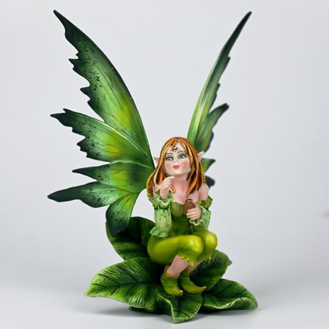 Fantasy Leaf Base Fairy Figurine, 5.9 Inch Green Elf Statue, Hand-Painted Resin Indoor Outdoor Decor for Garden, Desk, Plant Pot (Green Gradient)