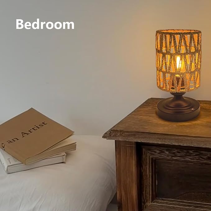 Cordless Rechargeable Table Lamps Night Light Desk Lamp, Battery Operated Farmhouse Table Lamp Boho Rattan Shade Stepless Dimmable for Outdoor Patio, Living Room, Bedroom (Bulb Included)