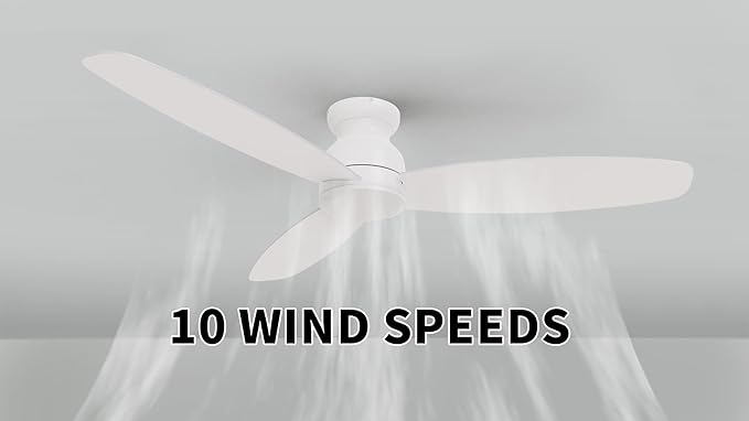 CEME 60 Inch Flush Mount Ceiling Fan without Lights, White Ceiling Fan with Remote Low Profile, 10-Speed Reversible DC Motor, 3 Dual Finish Blades, Indoor for Bedroom