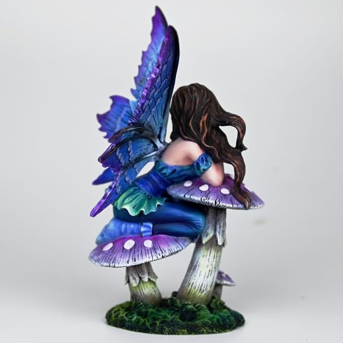 Fantasy Mushroom Fairy Figurine, 6.1 Inch Blue-Purple Gradient Elf Statue, Hand-Painted Resin Decor with 3D Mushroom Base for Fairy Garden, Desk, Living Room Display