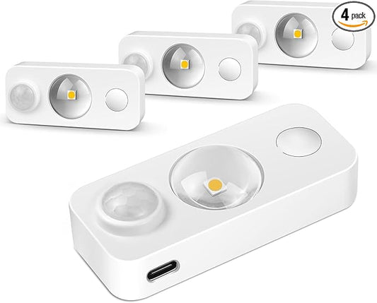 LED Motion Sensor Puck Lights, Rechargeable Under Cabinet Lighting Wireless Daylight White, Dimmable Night Light, Under Counter Lights for Kitchen, Display Shelf, Closets (4 Pack)