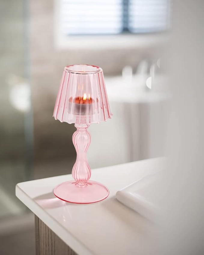 Desk Lamp Shaped Glass Candle Holder - Glass Hurricane Candleholder Crystal Decorative Candle Stand for Table Wedding Dinning Centerpieces Party Supplies Festival Decor Pink