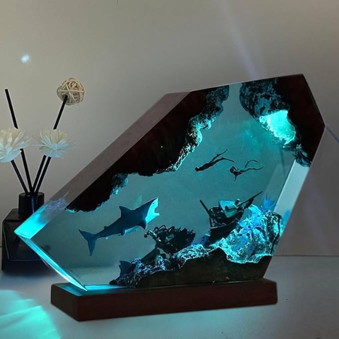 Shark Ocean Resin Lamp, Handmade Wooden Table Resin Night Light, USB Port Art Ornaments for Home Office Decor, Scuba Diver Gifts for Birthday Holiday, Valentine's Day Gifts for Husband