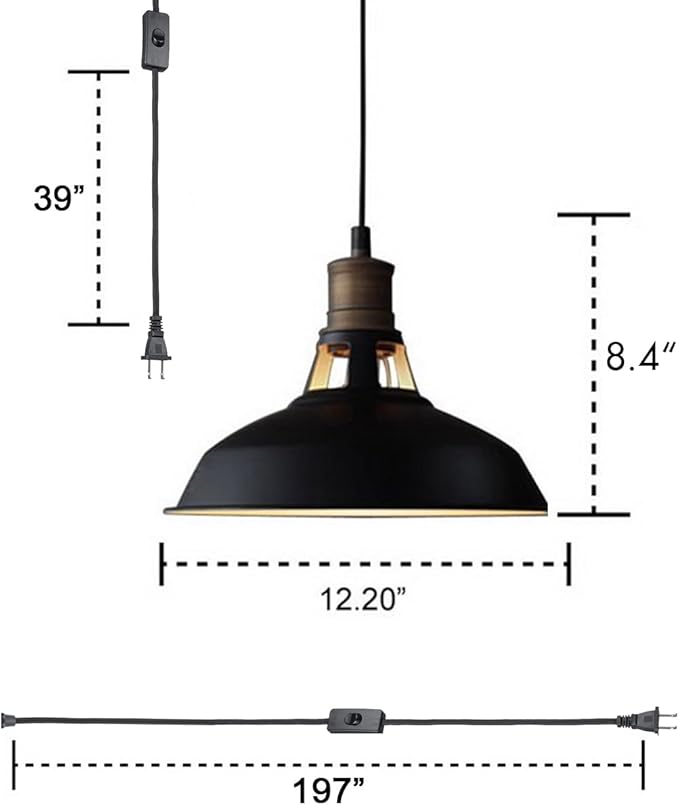 CLAXY Plug in Pendant Lights Adjustable Hanging Pendant Light Fixture with Black Barn Shade On/Off Switch Swag Pendant Lamp Set of 2